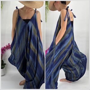 Pōʻalima Blue Tan Tropical Boho Wide Leg Beach Romper